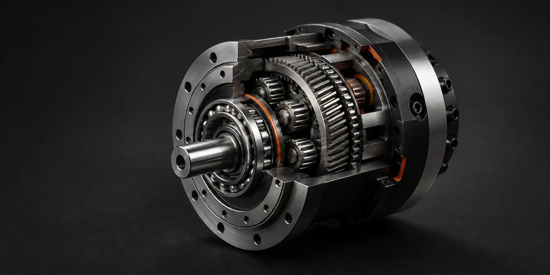 Torrqe gear-bearing motion core cutaway with ring gear, sun gear, planet rollers, integrated load path, and output axis.