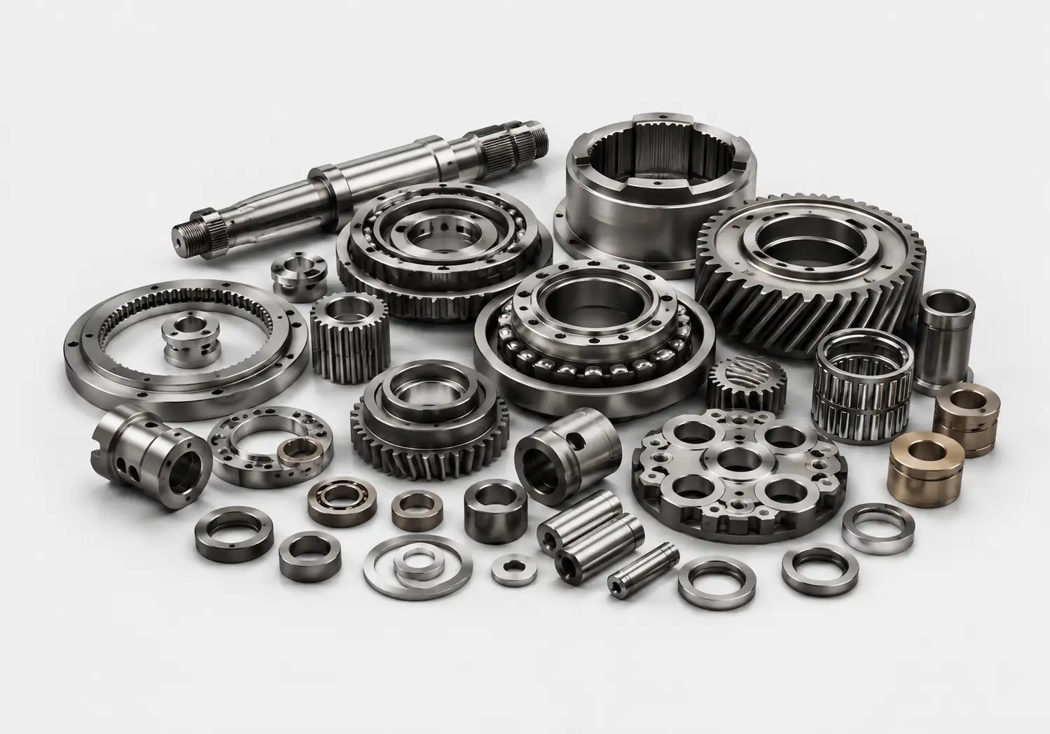 Superelastic motion material components including gears, races, bushings, and actuator internals.