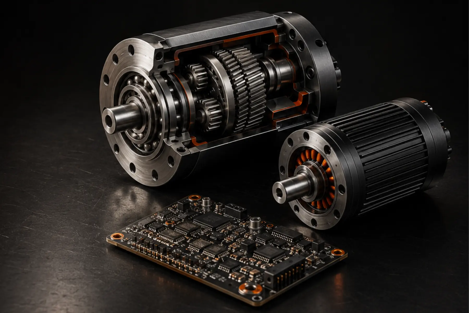 Torrqe precision motion system showing a BLDC motor, controller board, and gear-bearing transmission module.